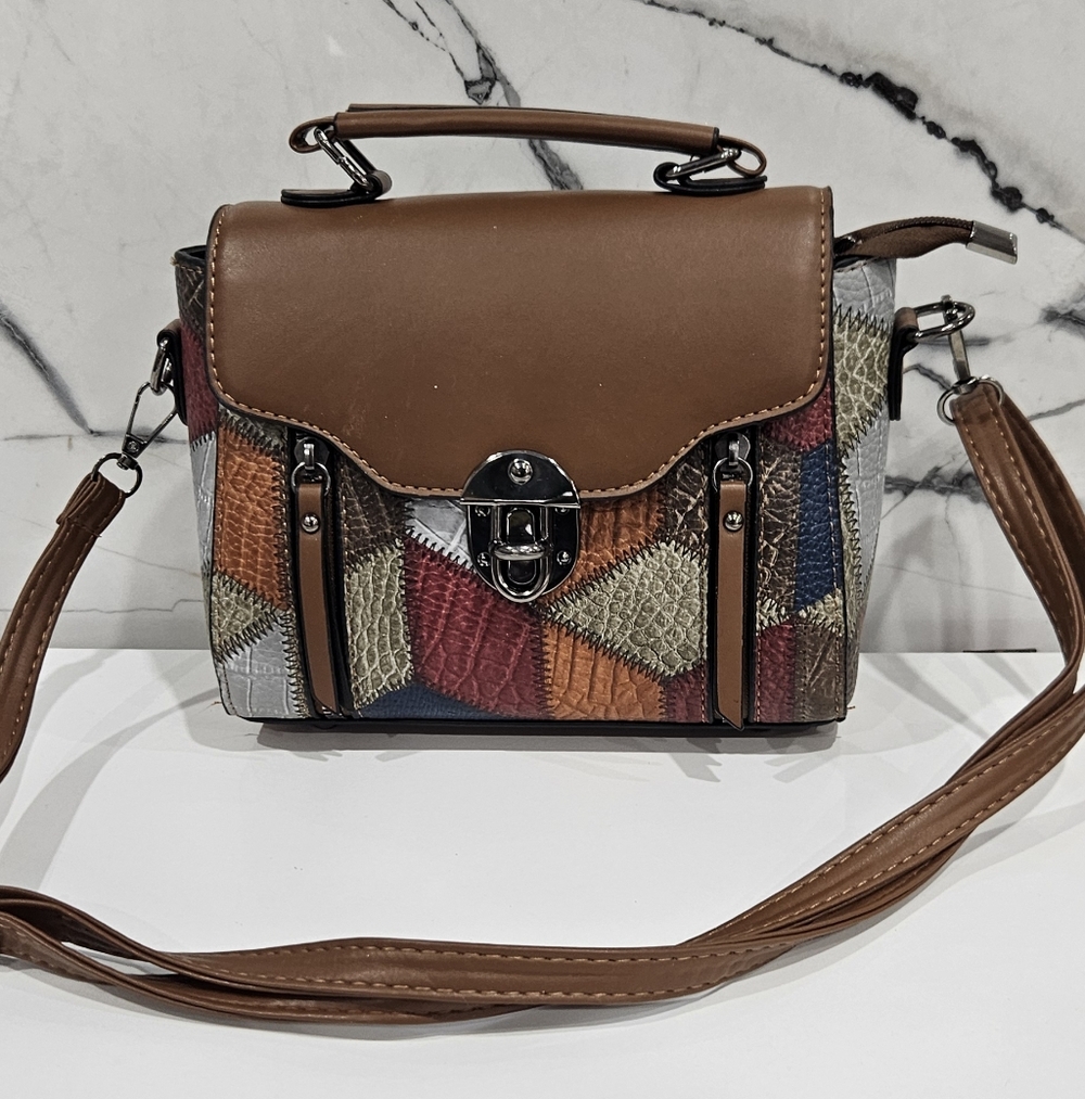 Colorblock Patchwork Geometric Leather Women Retr… - image 1